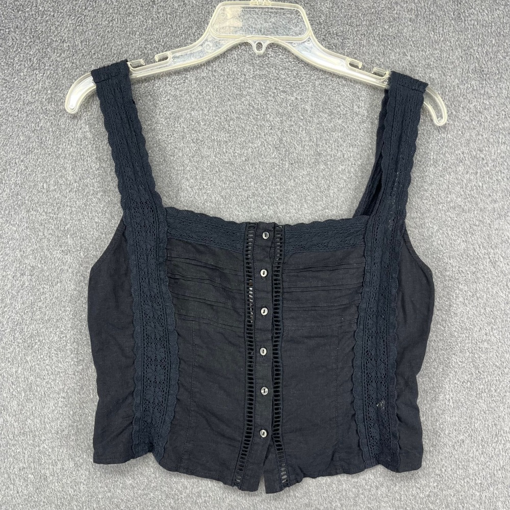 Free People Tank Top Womens Medium Black Lace Trim Button Front Boho Cami Smock